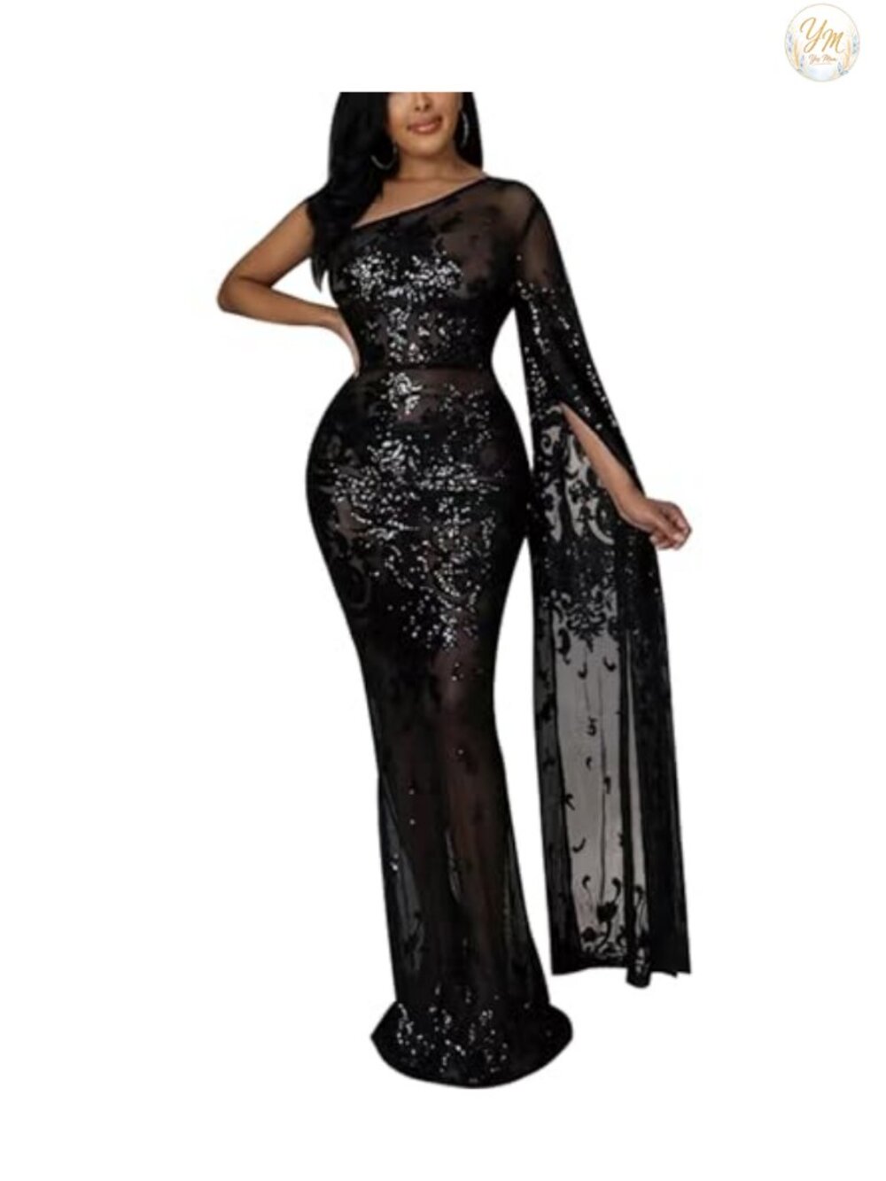 Sequin Sparkly Bodycon Evening Dress Long Sleeve One Shoulder Club Party Gown